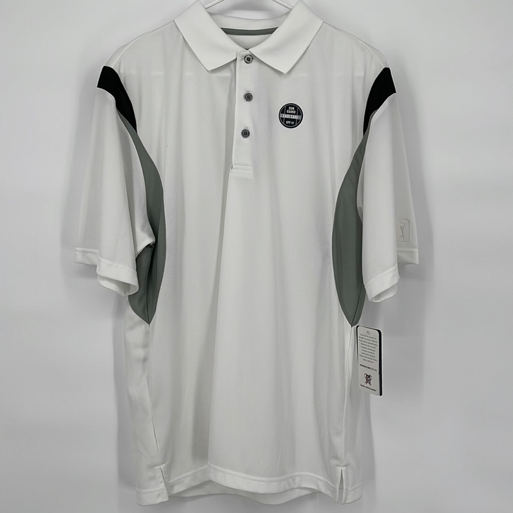 PGA TOUR Mens Golf Shirt Size L White, Black and‎ Gray Performance Polo NWT